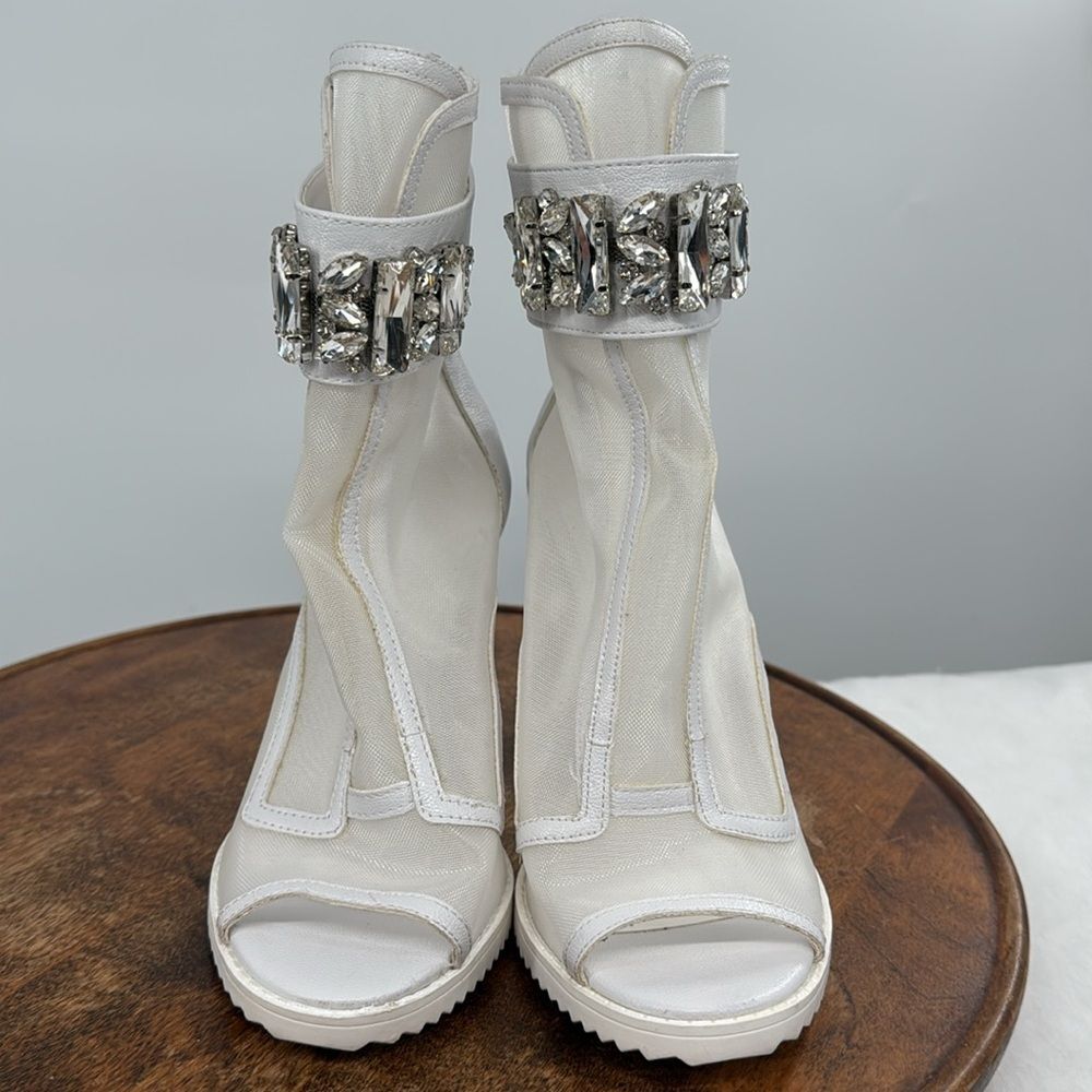 Karl Lagerfeld White Mesh Open-Toe Ankle Booties with Crystal Strap - Picture 2 of 14